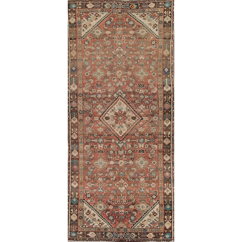 Hamedan Persian Vintage Runner Rug Handmade Geometric Wool Carpet - 3'5"x 9'9"