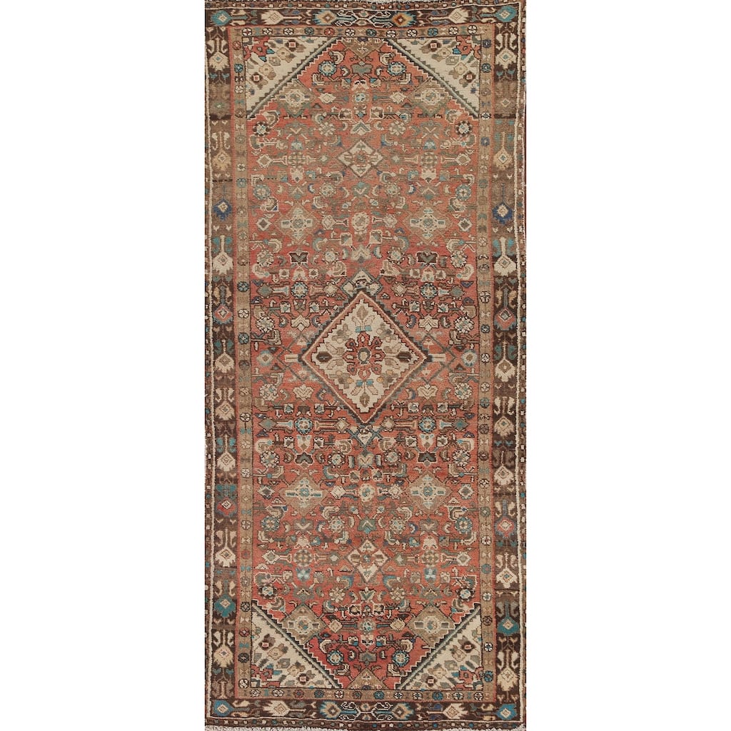 Hamedan Persian Vintage Runner Rug Handmade Geometric Wool Carpet - 3'5"x 9'9"