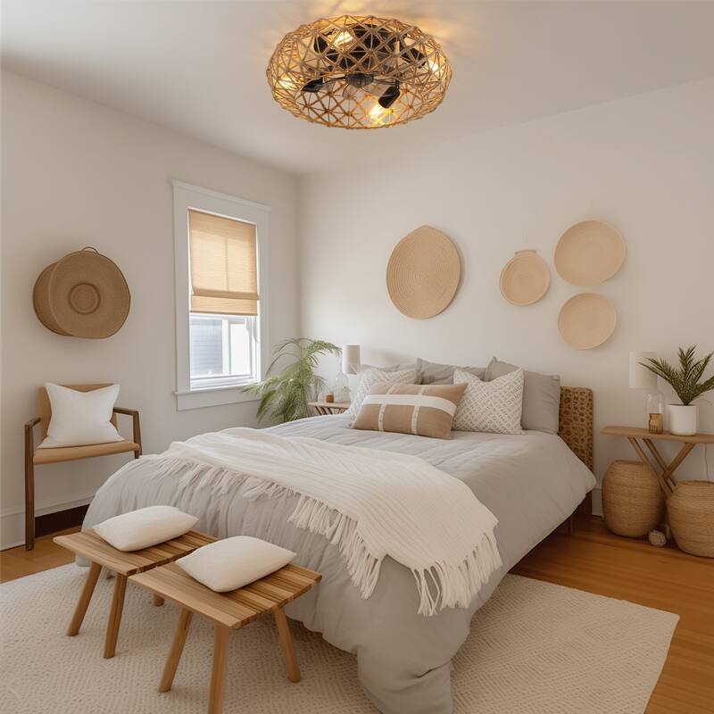 19" Ceiling-mounted Jute Rope Fan Light Strip with 4 Bulbs, Dimmable, 7 Dlades, Reversible DC Motor - Earthy Yellow