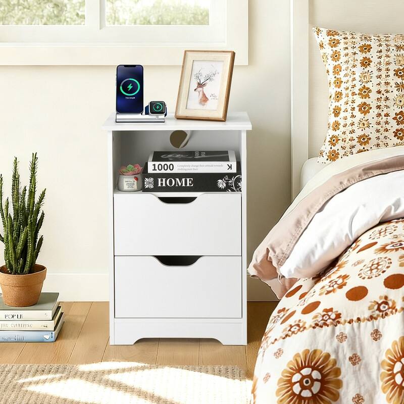 15.7"W Nightstand, P2 Particleboard, Matte Melamine, Handleless, 2 Drawers, US Outlet - White-1