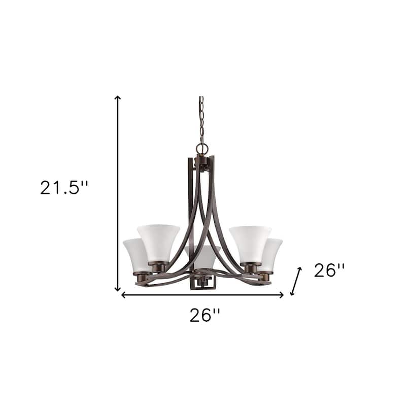 HomeRoots Bronze Candle Style Five Light Frosted Metal Dimmable Chandelier With White Shades - 26' X '21.5' X '26