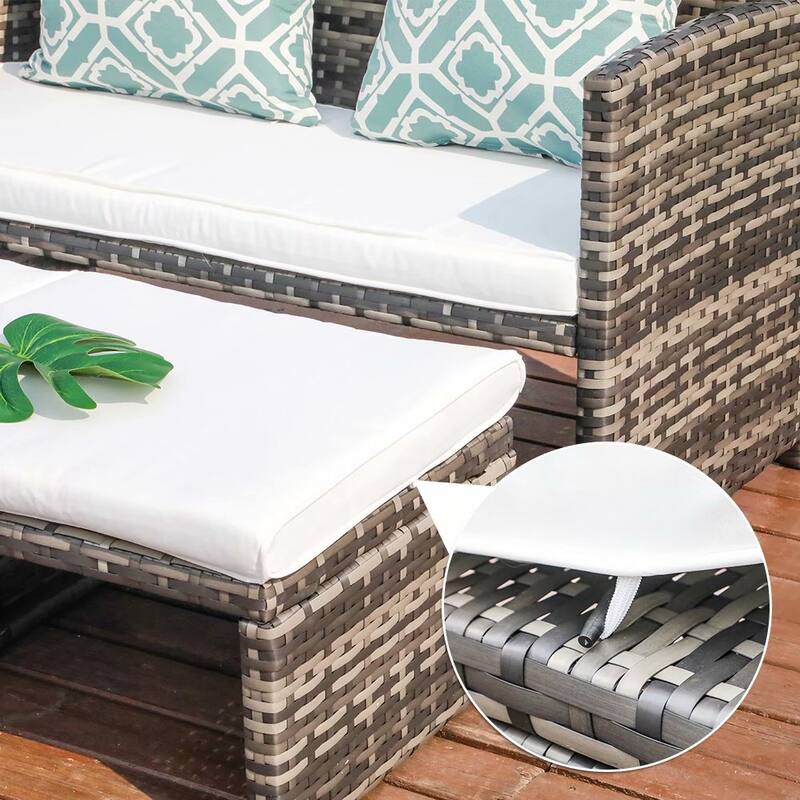 3 PCS Patio Rattan Furniture Set Loveseat and Ottoman Cushioned