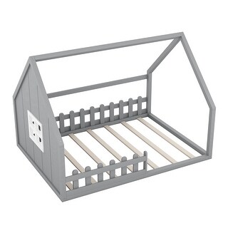 Gray Full Toddler Bed with House Roof Window Fence, Playful Floor Bed
