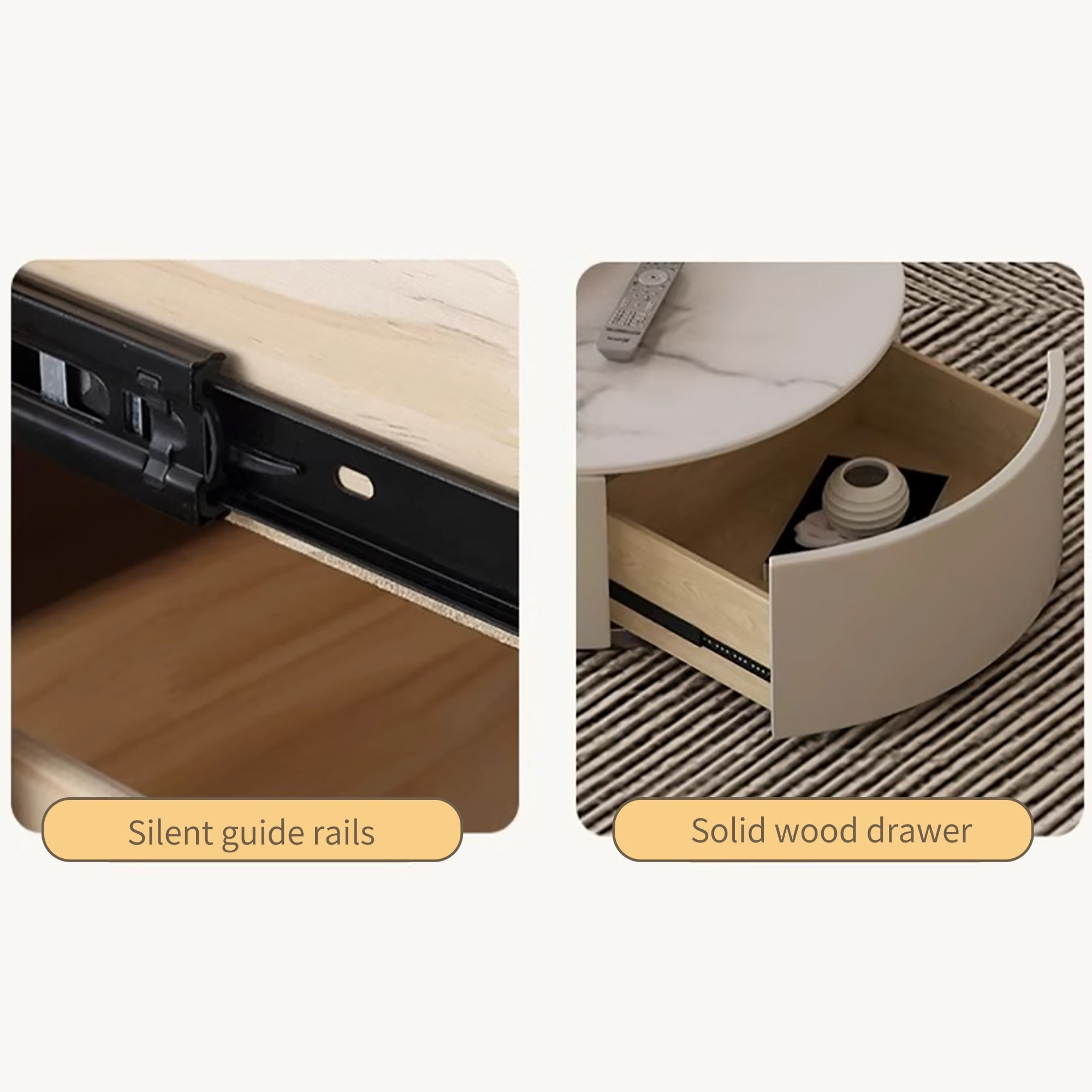 Modern Round Coffee table, Stone Table-top, Natural Wood - 50" x 31.5"