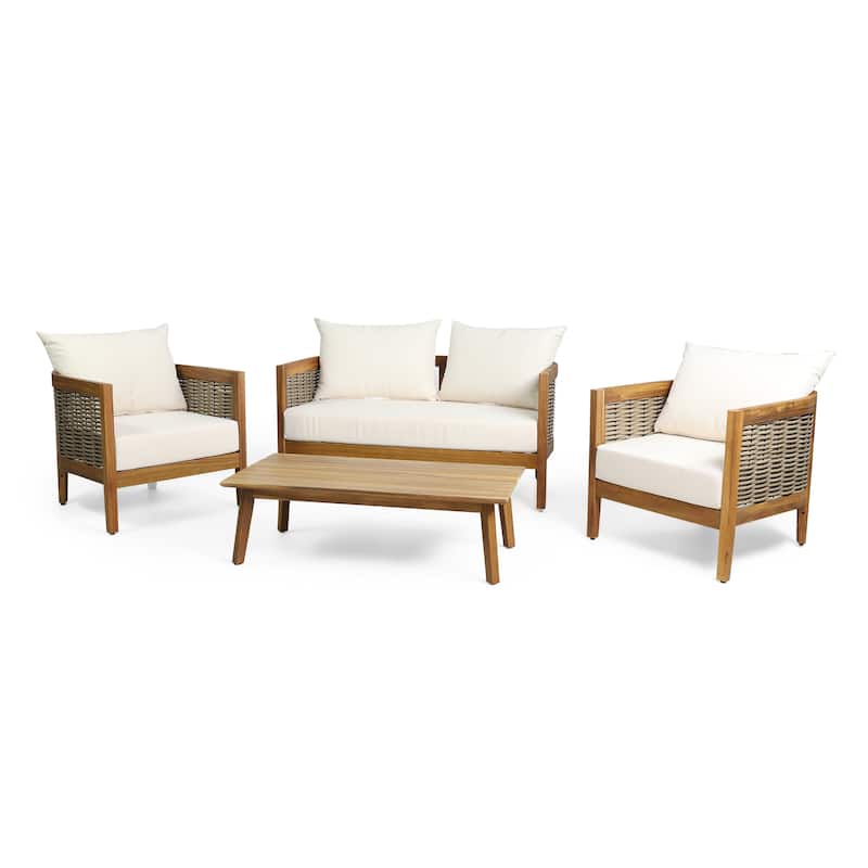 Burchett Outdoor Acacia Wood and Wicker 4 Seater Chat Set with Cushions by Christopher Knight Home