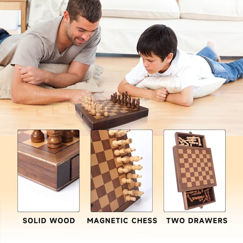 GSE™ 10" Magnetic Travel Chess Set, Wooden Chess Board Game Set with Drawers, Classic Portable Chess Set