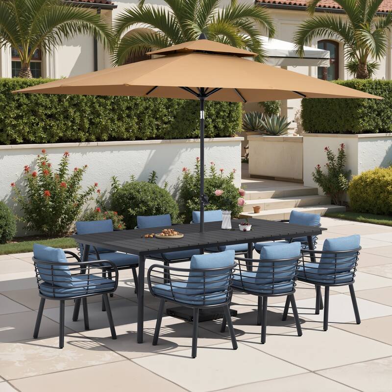 11-Piece Outdoor Patio Dining Set with Sunbrella Cushion Aluminum Dining Table and Chairs w/10 ft Umbrella and Base with Wheels - Black Table with Tan Umbrella