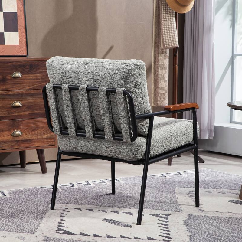 Modern Accent Chair with Natural Wood Armrests and Metal Frame, Upholstered Seat and Backrest, Comfortable Lounge Chair