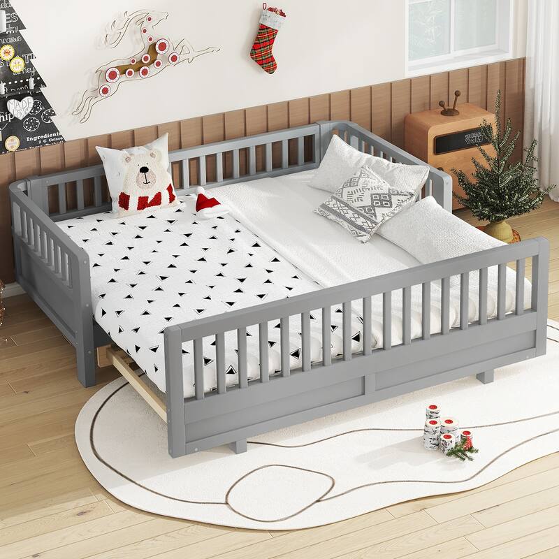 Twin Size Platform Bed with Guardrails, Solid Wood Twin Bed Frame, Can Be Converted into a Double Twin Platform Bed - Grey