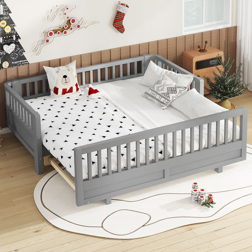 Twin XL/Twin Size Platform Bed with Guardrails, Converts to Queen Size Solid Wood Frame