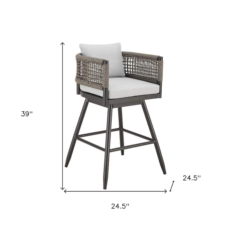 HomeRoots 30" Black and Light Gray Aluminum Swivel Rope Back Outdoor Bar Height Chair with Footrest