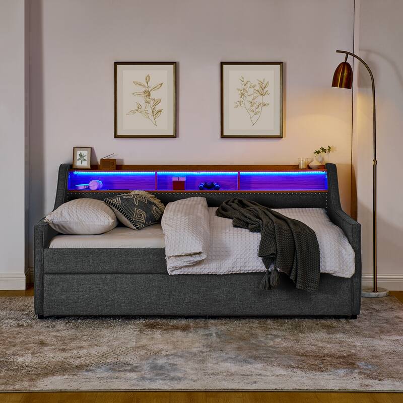 Roomfitters Twin Upholstered Daybed with LED Headboard Storage, Foldable-Leg Trundle & Wireless Charging