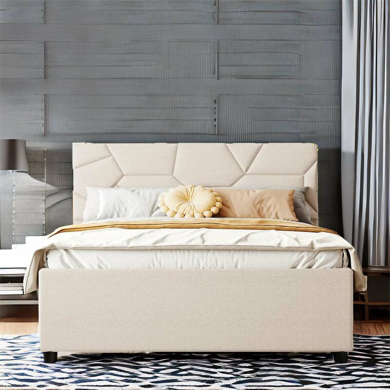 Full Size Linen Platform Bed with Twin Size Trundle and Drawers