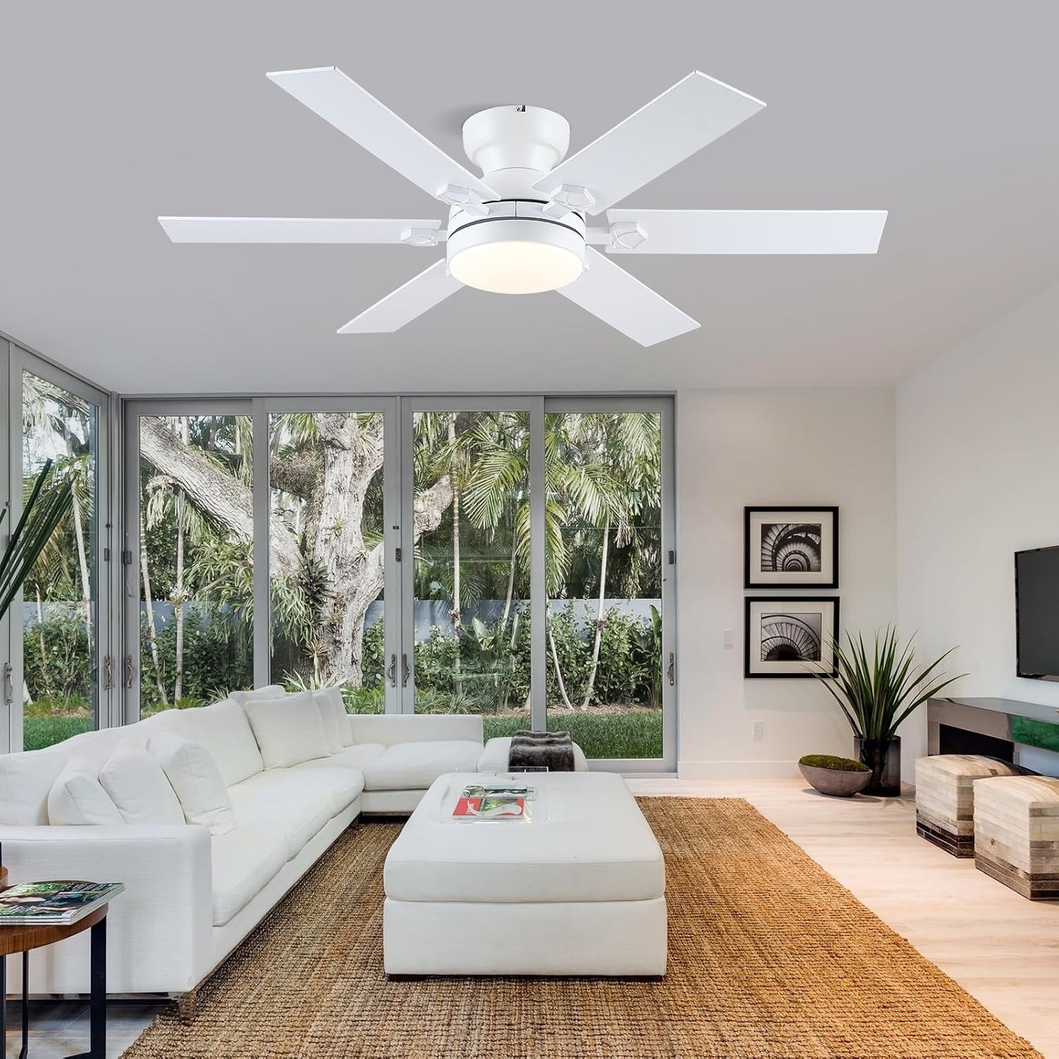 46 inches White Flush Mount Ceiling Fan with Light,6 Dual Side