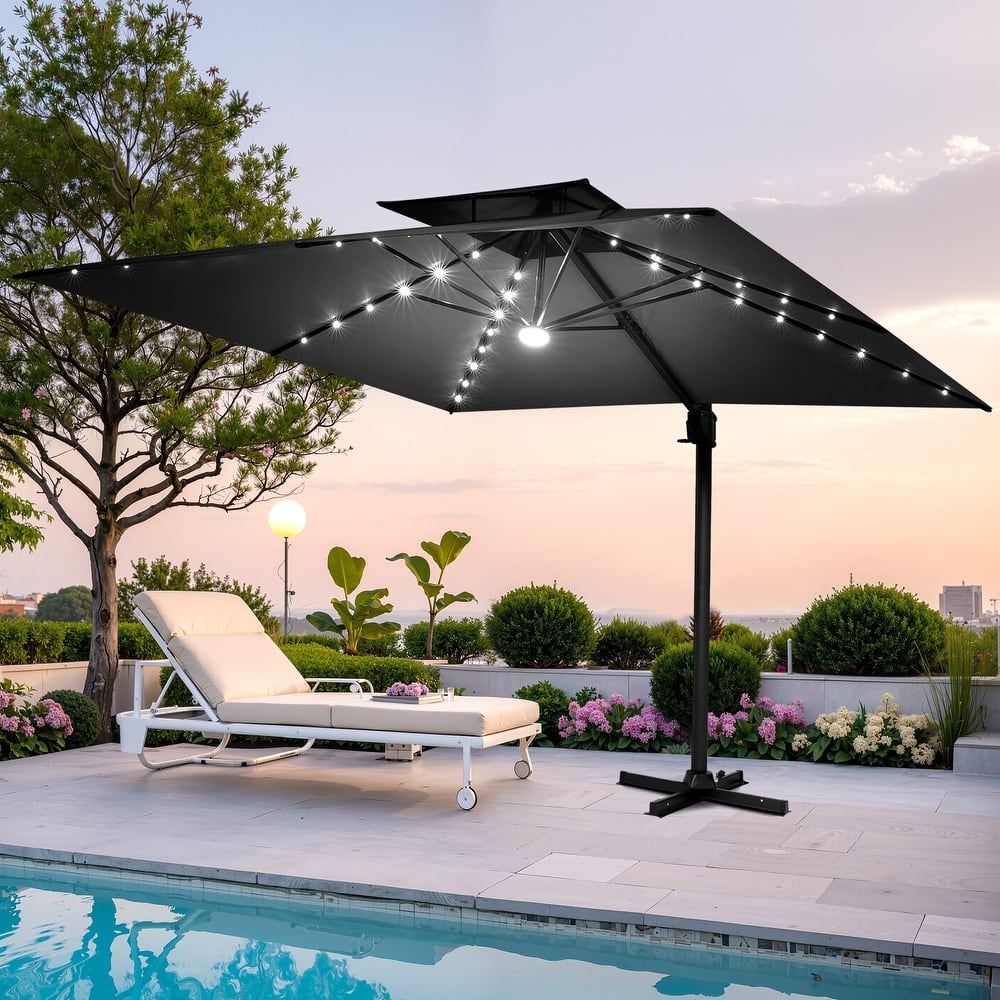 Pellebant 9x11FT Outdoor Dual Top Cantilever Patio Umbrella LED Light
