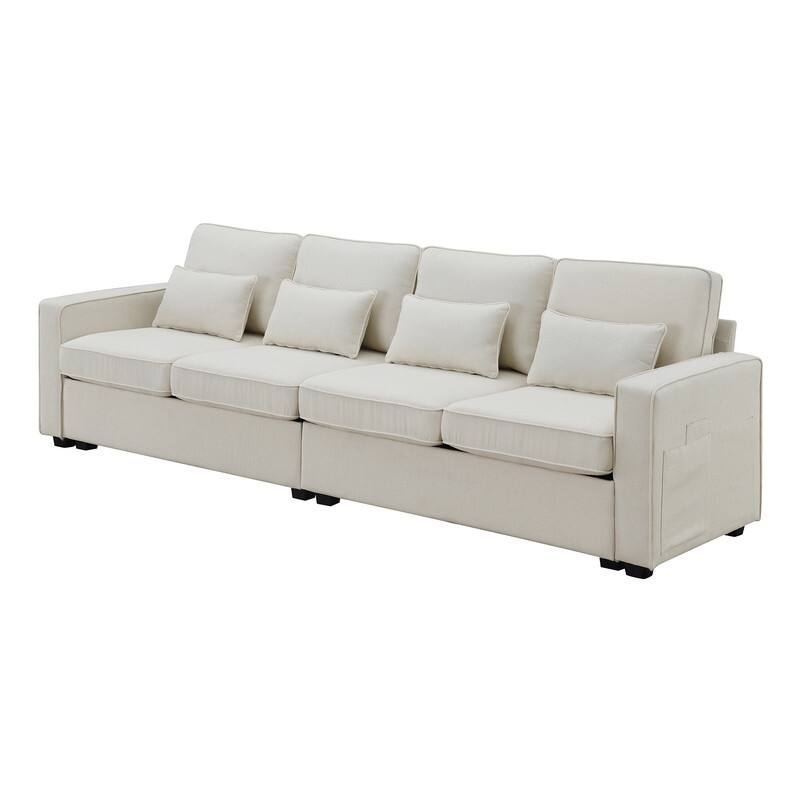 104" modern linen four seater sofa with armrest pockets