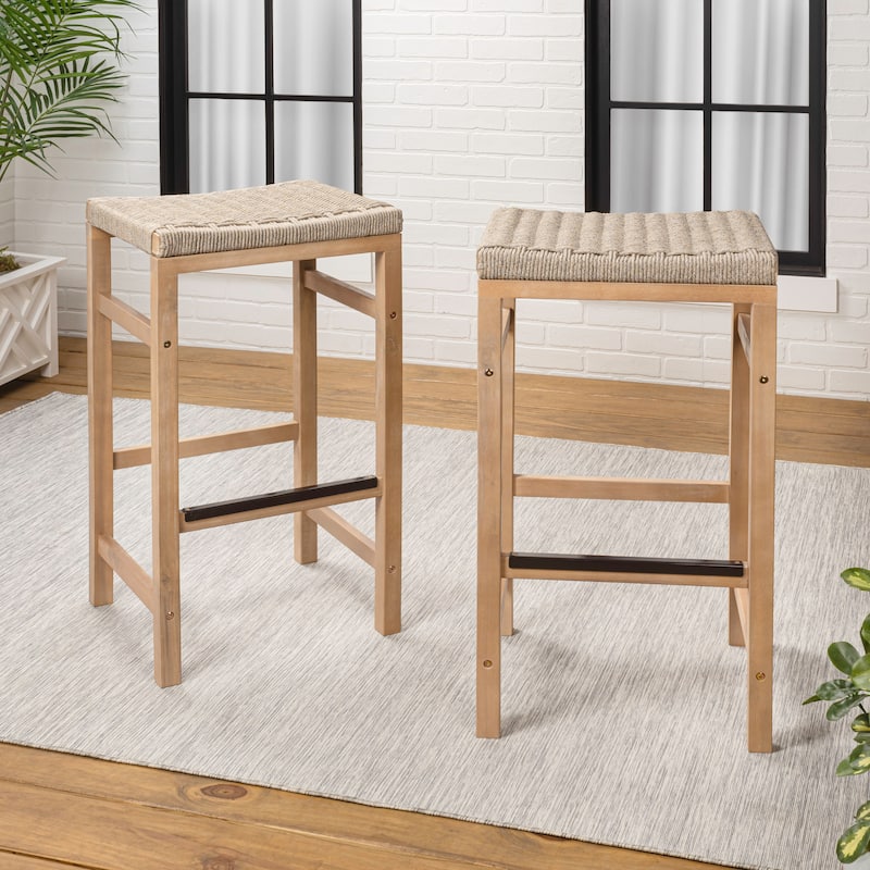 Armand Backless Acacia Wood Outdoor Stool with Woven Rope Seat, (Set of 2)