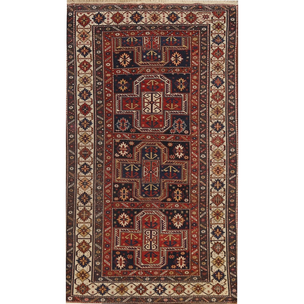 Pre-1900 Antique Vegetable Dye Kazak Rug Hand-Knotted Wool Carpet - 3'8" x 6'10"