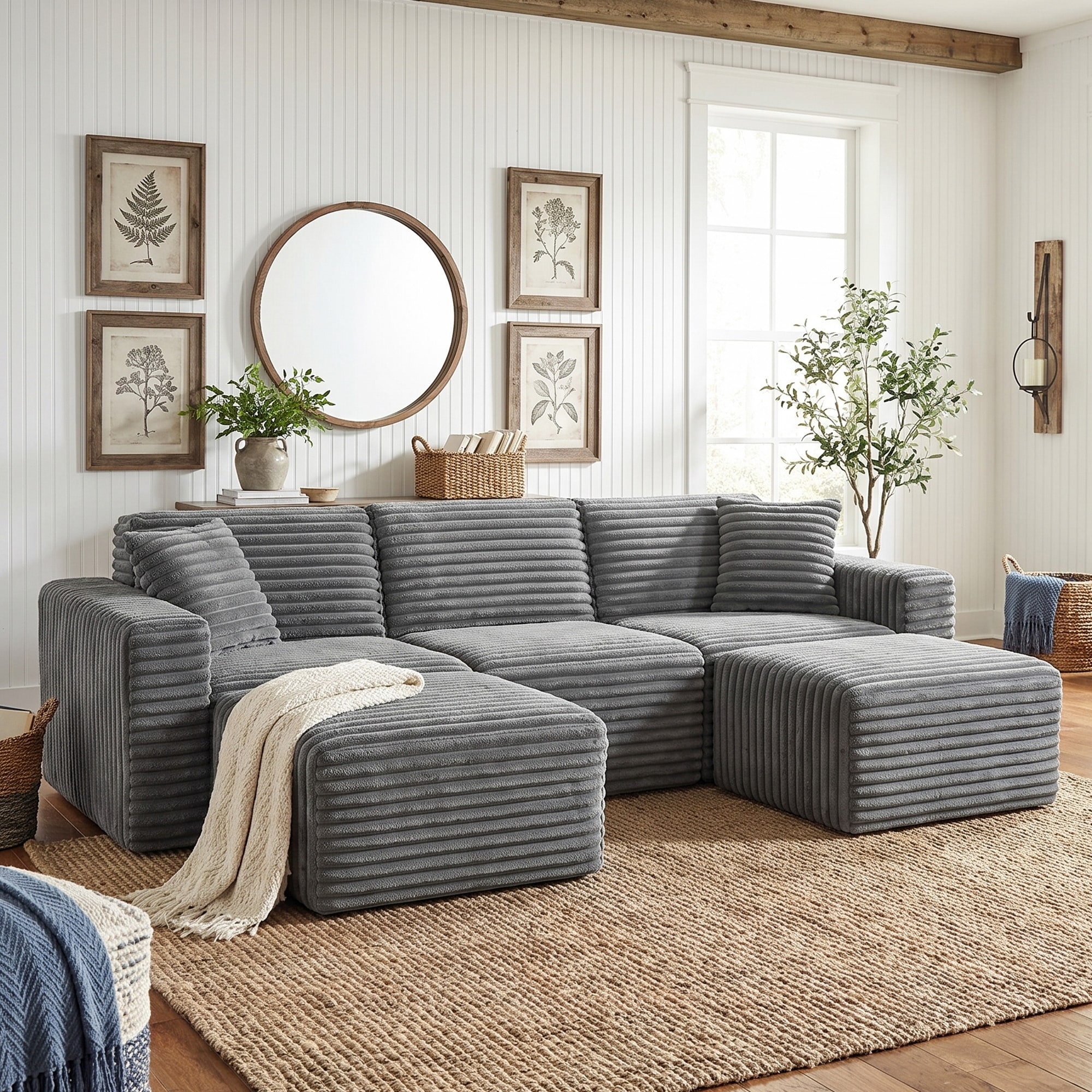 3-Seat U-Shaped Modern Modular Ribbed Flannel Sectional Sofa with Ottoman