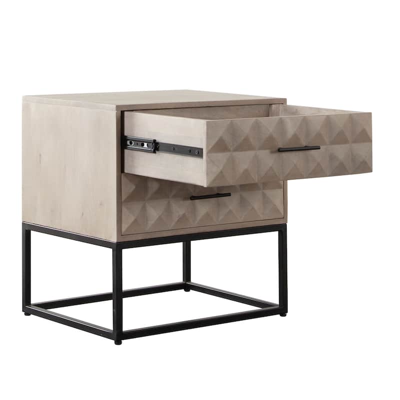 Zoe End Table Nightstand, Ash Gray Carved Fronts, Black Metal Base