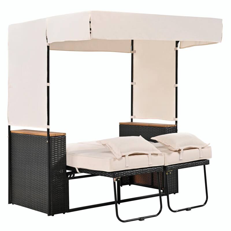 Outdoor Rattan Daybed Set - 5-Position Adjustable Loveseat with Roof and Cushions