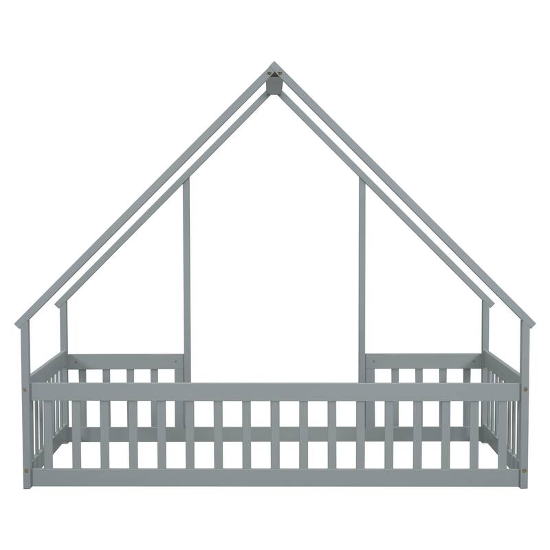 Twin Size Grey Wooden House-Shaped Floor Bed with Safety Fence and Guardrails