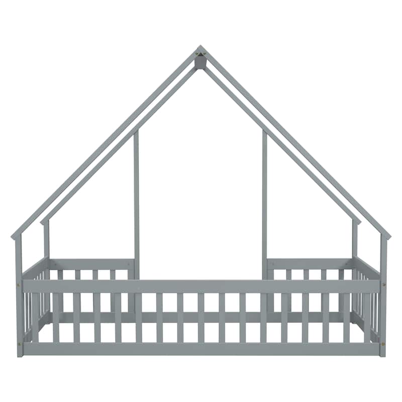 Wood House Bed with House Roof, No Slats Floor Bed with Fence Guardrails, House-shaped Bed Frame for Kids Toddler Boys Girls