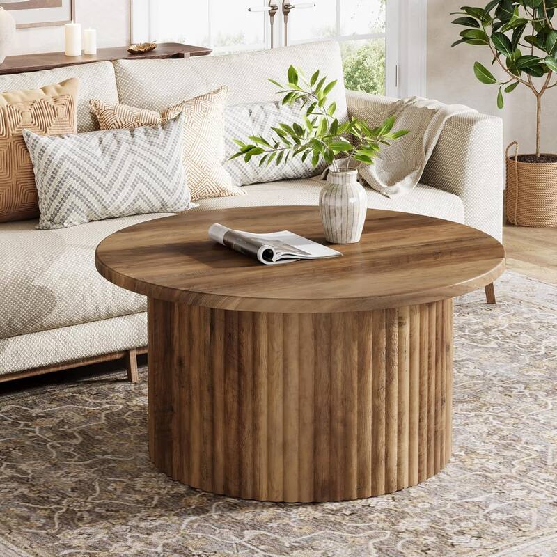 31.5 Inches Round Coffee Table, Farmhouse Circle Coffee Table with Metal Base
