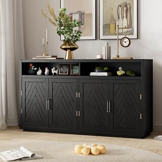 4-Door Classic Sideboard with Open Storage and Adjustable Shelves for Kitchens