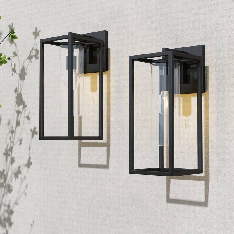 2 Pack Metal 1-Light Clear Glass Outdoor Wall Sconce Light - M: 15.7"Hx6.2"Wx8"D - Black