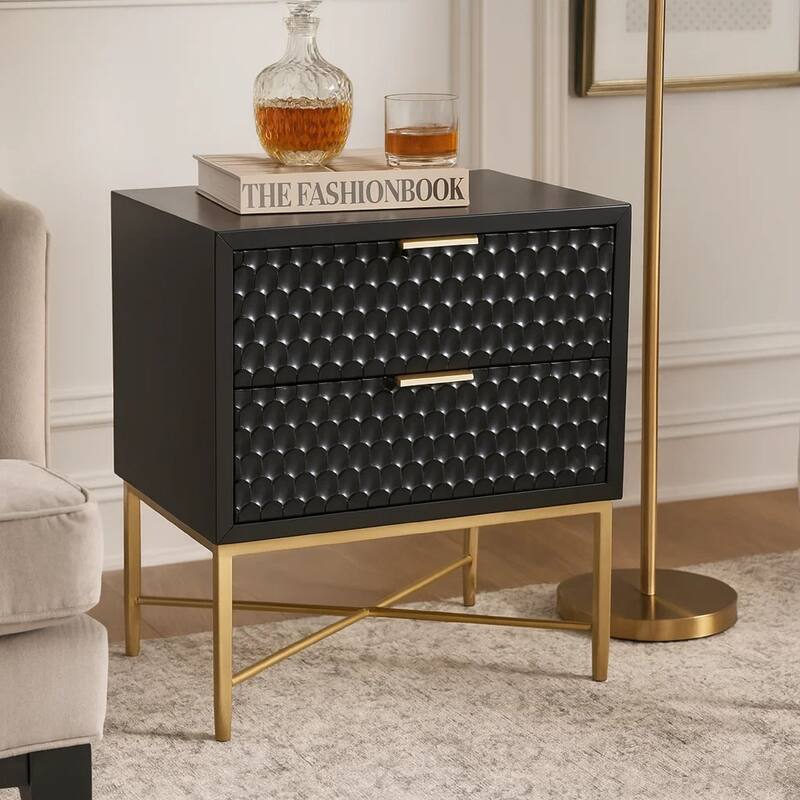 Rexi 26 Inch 2 Drawer Nightstand, Honeycomb, Mahogany Wood, Black, Gold