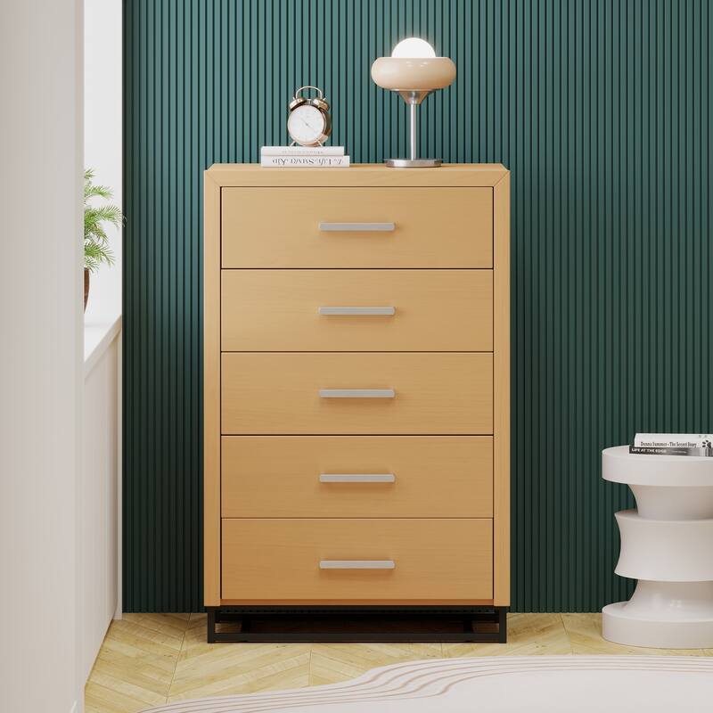 Roomfitters Vertical Wood Storage Cabinet with 5 Compartments and Black Metal Base, Modern Organizer, Natural