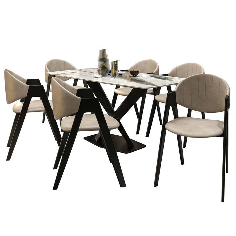 7-Piece Dining Set with 55-Inch Sintered Stone Dining Table and 6 Accent Arm Chairs - Taupe Leather