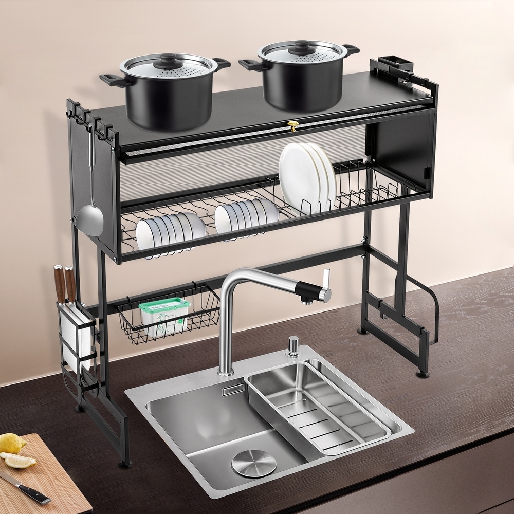 J&V Textiles 18 in. Chrome Stainless Steel 2-Tier Dish Rack with Utensil and Cutting Board Holder for Kitchen Counter
