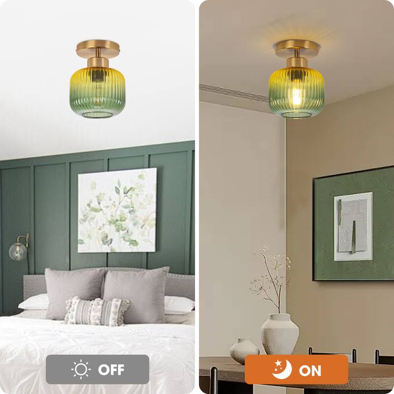 5.9" Wide Vintage Gold Semi Ceiling Light Flush Mount with Green Glass - D 5.9" x H 7.7"