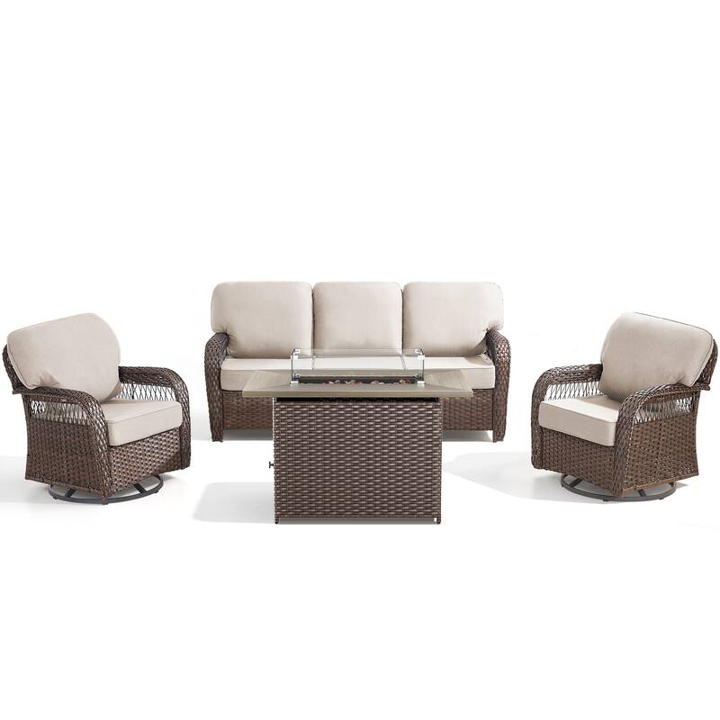 Pocassy Outdoor Fire Table with Swivel Chair Sofa Funiture Set.