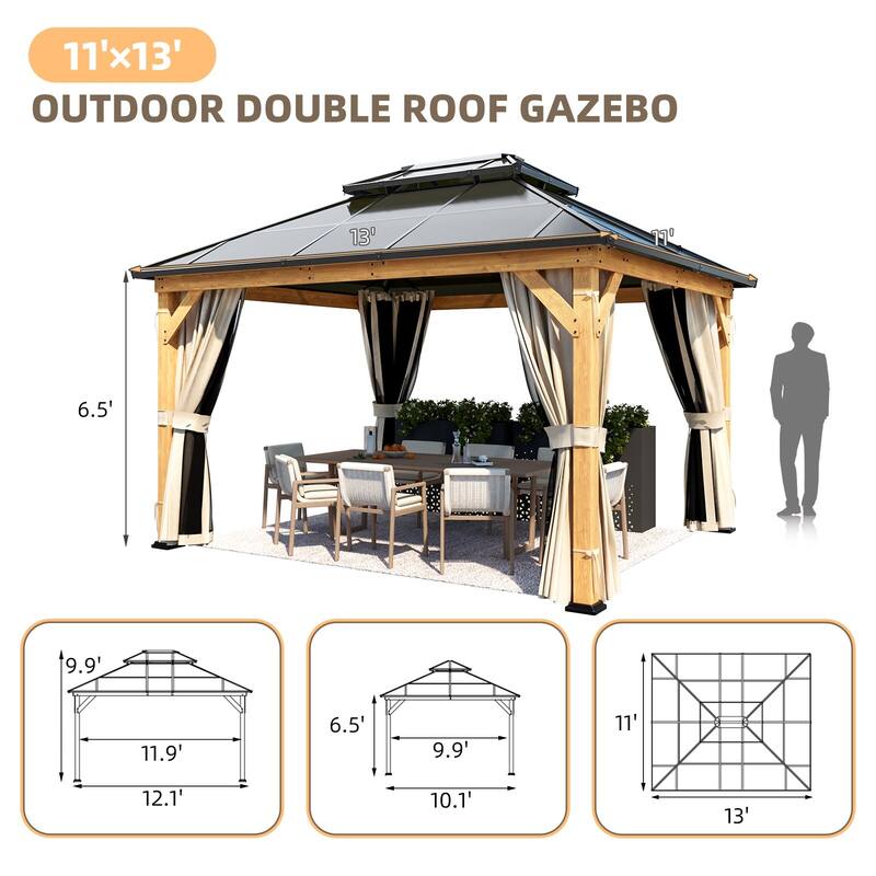 EROMMY Outdoor Wood Gazebo with Double Polycarbonate Roof, Heavy Duty Backyard Patio Pergola Canopy for Garden Shade