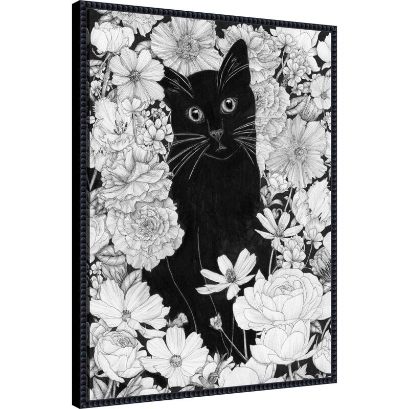 Little Black Garden Cat by Ec Mazur Framed Canvas Wall Art