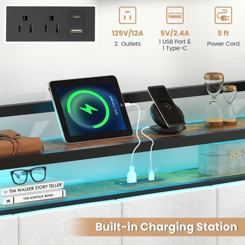 Bed Frame with LED Lights Charging Ports and Storage Headboard