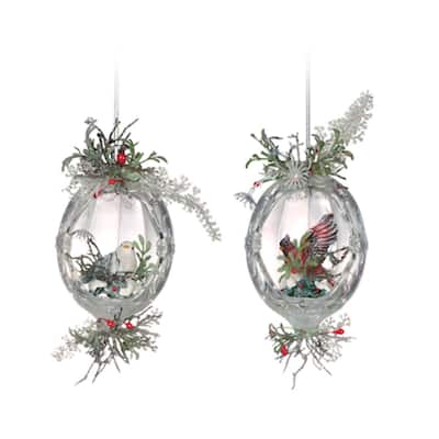 12 Clear Icy Crystal Christmas Oval Inlaid Bird Ornaments 5.5"