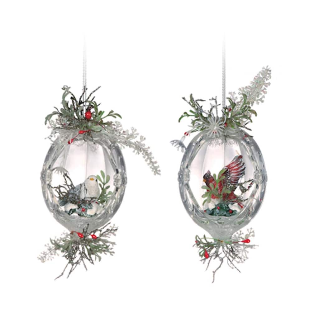 12 Clear Icy Crystal Christmas Oval Inlaid Bird Ornaments 5.5"