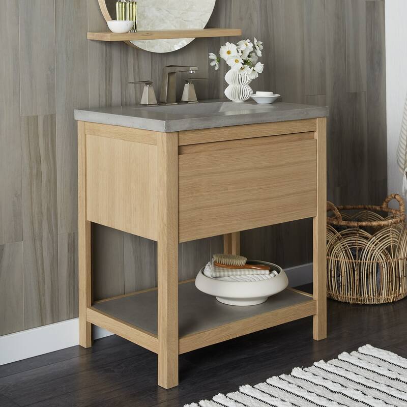 Solace Oak Vanity with Concrete Shelf (Base Only) - 30" - Sunrise Oak - Ash Concrete