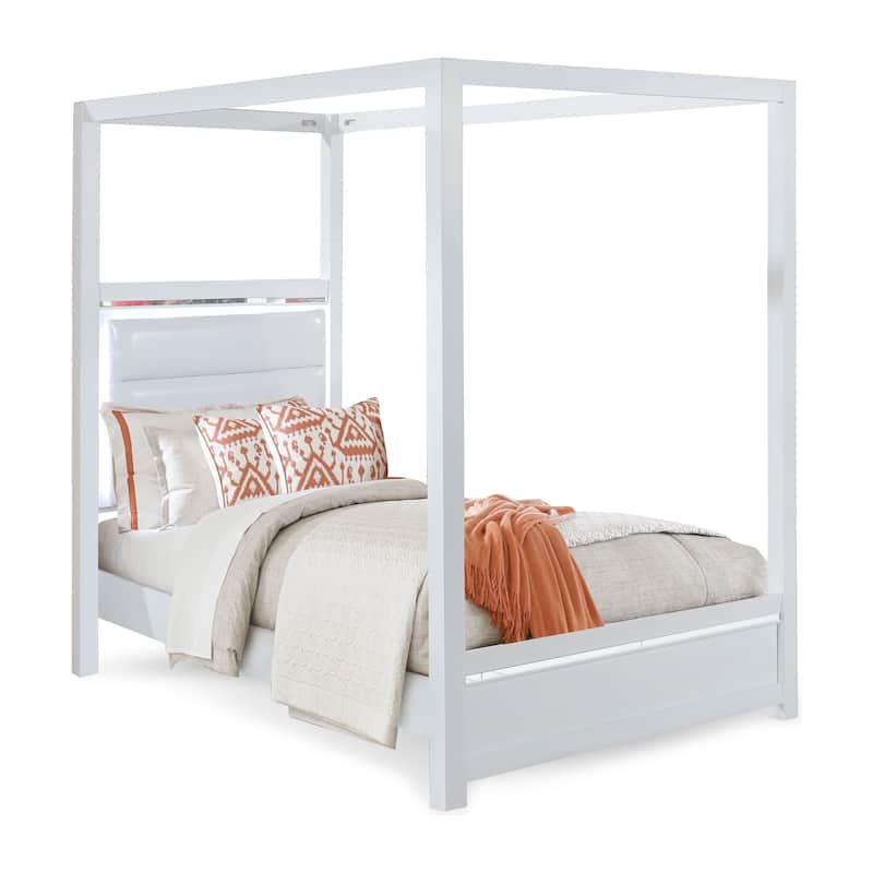 Glam Canopy Bed with Faux Leather Headboard & LED Lighting