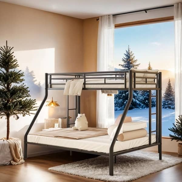 slide 2 of 12, Twin XL over Queen Metal Bunk Bed with Ladder and Guardrails, Black Black