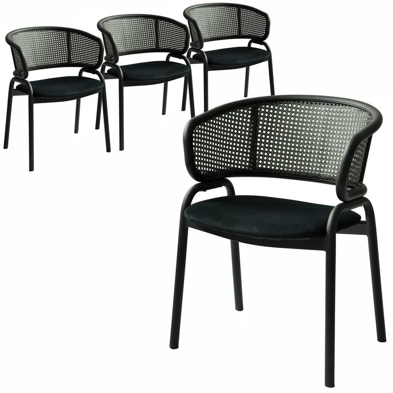 Ervilla Modern Upholstered Accent Side Chair with Wicker Back and Black Iron Legs for Dining Room & Kitchen, Set of 4 - Black