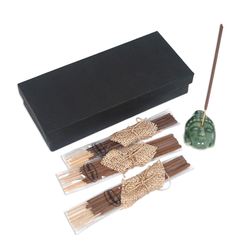 Novica Handmade Green Vesak Celebration Ceramic Incense Set