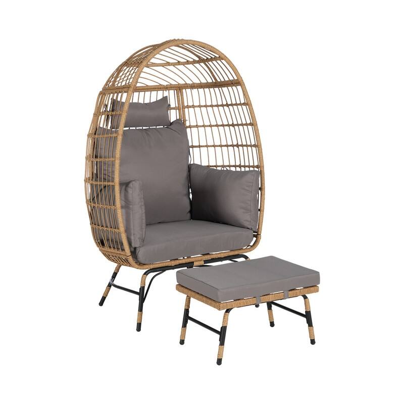 Wicker Egg Chair with Ottoman, Oversized Indoor Outdoor Lounger for Patio, Backyard, Living Room