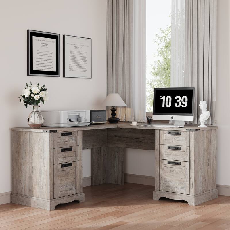 L Shaped Desk, Wood Office Desk with Charging Station, File Drawer - Grey