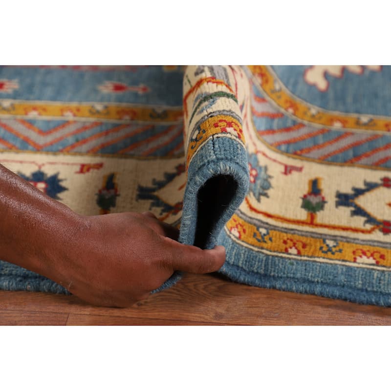 Blue Geometric Kazak Oriental Area Rug Handmade Wool Carpet - 6'8" x 9'7"
