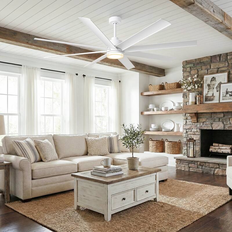 72" Modern White Large Smart Ceiling Fan with Light and Remote, App Control, Voice Control
